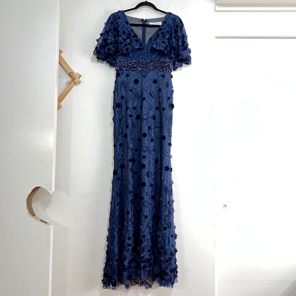 Mac Duggal 67712 Floral Applique Flutter Sleeve Beaded Waist Gown - Picture 5 of 12